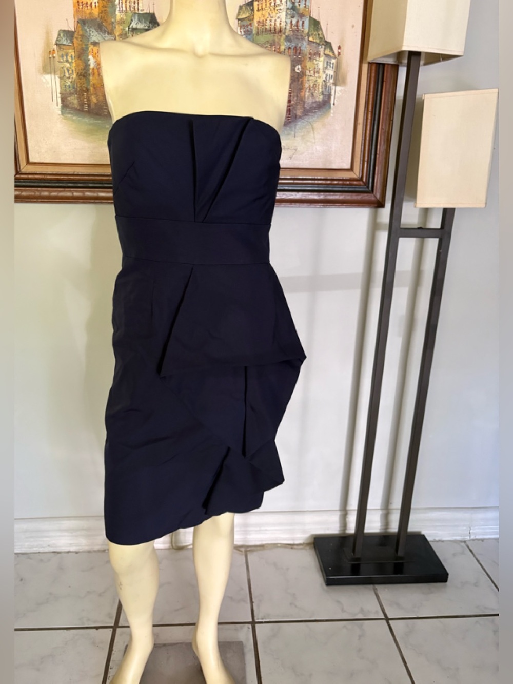 Lela Rose Silk Strapless Navy Asymmetric Peplum Evening Dress Size 4